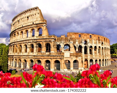 View of the Colosseum with flowers Rome Italy View of the Colosseum with flowers Rome Italy