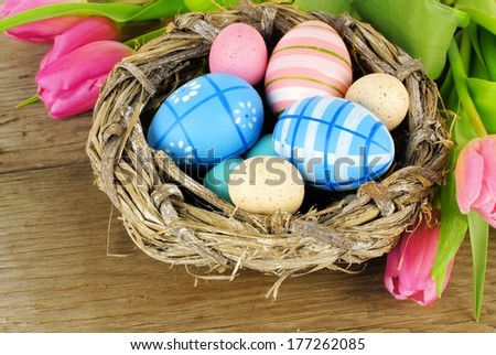 Easter nest with painted eggs and vibrant tulip flowers on wooden background