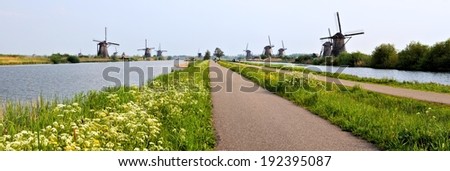 Panoramic view of the windmills and canals of Kinderdijk, Netherlands