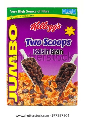 CALGARY, CANADA - MAY 24, 2014: A box of Kellogg's Two Scoops Raisin Bran cereal. The brand is marketed as being high in fiber, low in fat, with no preservatives and a source of 9 essential nutrients.