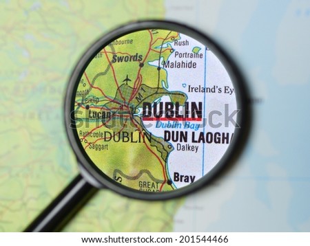 Close up of Dublin under a magnifying glass on a map