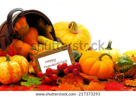 Harvest basket with spilling autumn vegetables and Happy Thanksgiving tag