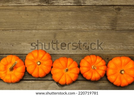 Horizontal autumn pumpkin border against aged wood