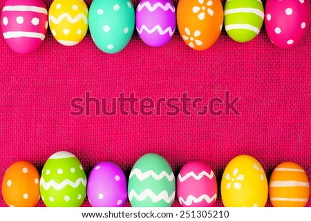 Colorful Easter egg double border over a pink burlap background