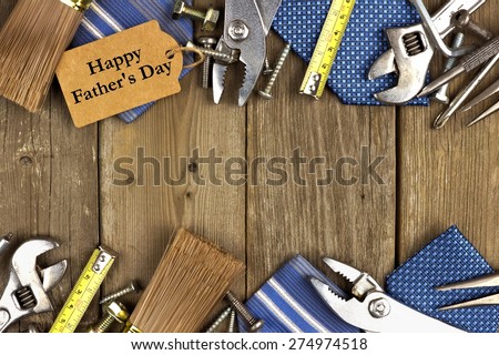 Happy Fathers Day gift tag with double border of tools and ties on a rustic wood background