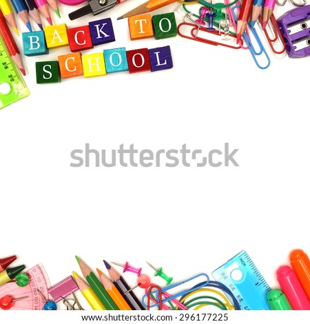 Colorful Back to School wooden blocks with school supplies double border over white