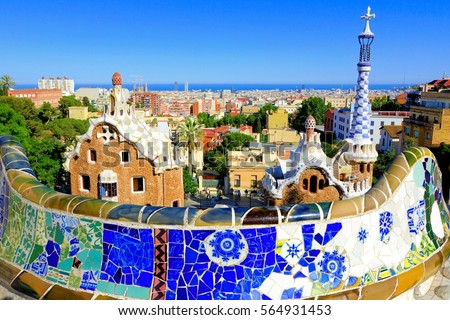 View over the beautiful Park Guell with colorful mosaic wall, Barcelona, Spain