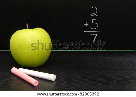 Teachers apple and chalk on a desk in front of a blackboard with math equation written on it