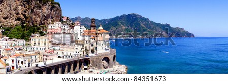 Panoramic photo of Atrani, a village on the Amalfi Coast of Italy