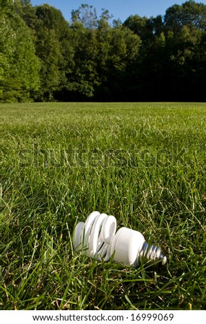 a compact fluorescent light bulb lying in a grass field