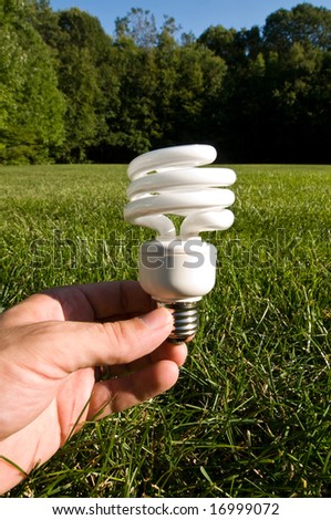 a hand holding a compact fluorescent light bulb in a grass field