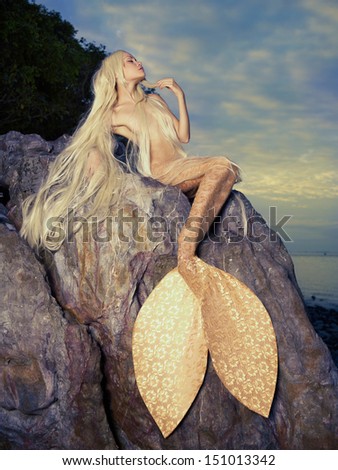 Beautiful fashionable mermaid sitting on a rock by the sea - stock photo