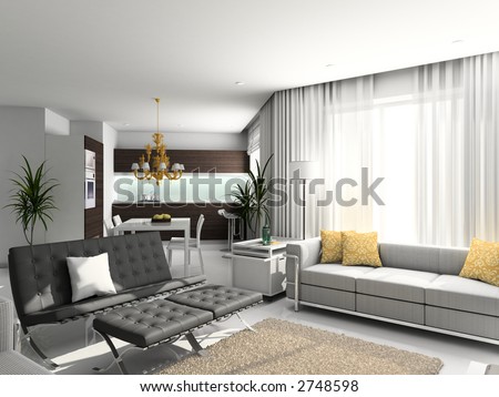 Designroom on Modern Interior  3d Render  Living Room  Exclusive Design  Stock Photo
