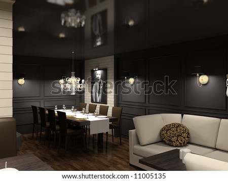 Modern design interior of dining-room. 3D render