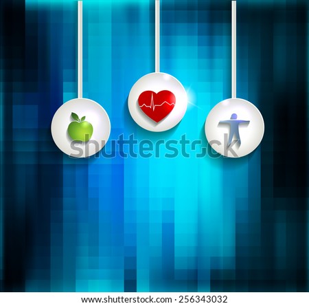 Exercise, healthy diet and Cardiovascular Health symbols on a bright blue abstract background