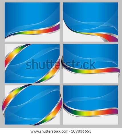 set of six colorful business cards with silver and rainbow ribbons