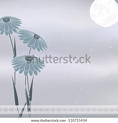 vintage dark flowers under the moon on abstract gray blurry background with lace decorated