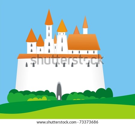 Medieval white high castle or town on green field