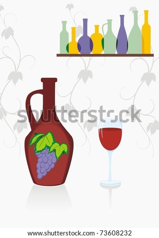 Jug of wine on the background of different bottles silhouettes and patterns of vine