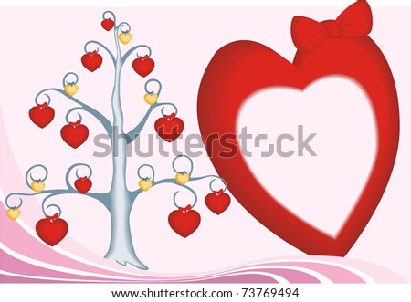 Frame from a silver tree with golden and purple hearts