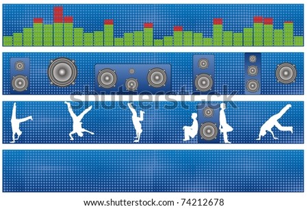 Blue banner as sound level,  speakers, silhouettes and abstract background