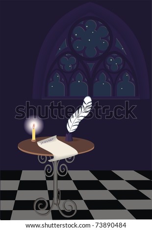 Writing table with unfinished letter and Gothic window, night