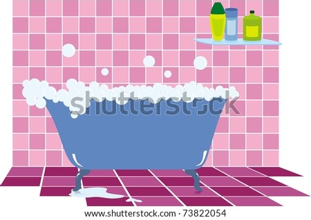 Bathroom with pink tile and bath filled with foam