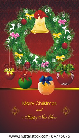 new year card with stars on orient red and green wreath fir wreath and color christmas decorations