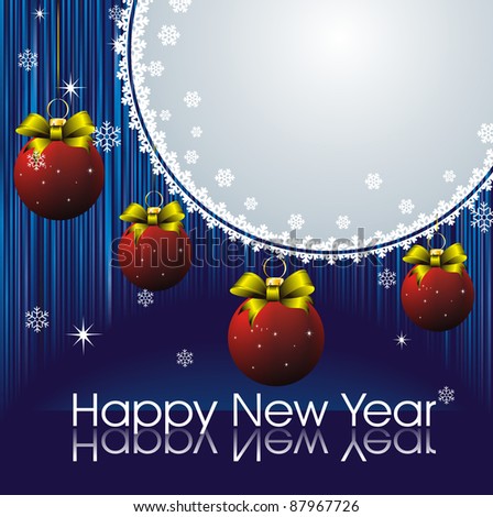 new year card with snow frame, blue strip background and red christmas decorations