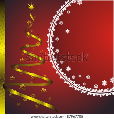 new year card with snow frame, golden fir and christmas decorations