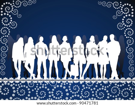 silhouettes of young people group on the abstract floral pattern