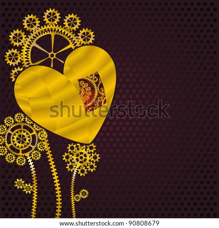 frame as heart of gold and gear flowers on dark pattern background