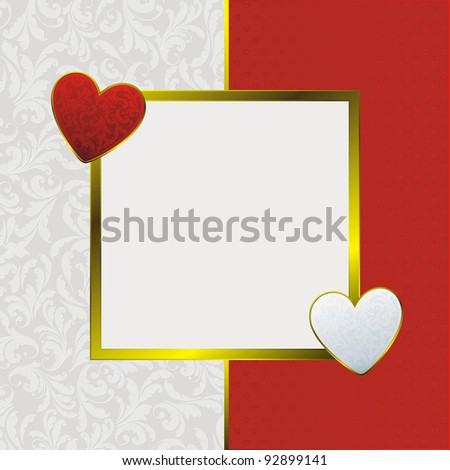 card as frame, decorated vintage plant pattern and red and white hearts