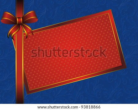 golden pattern frame with red bow on blue background with vintage decor
