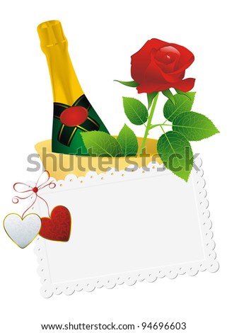 bottle of champagne in a bucket and rose, and vintage invitation card hearts decorated