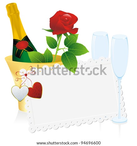 bottle of champagne in a bucket and rose, glasses and vintage card hearts decorated