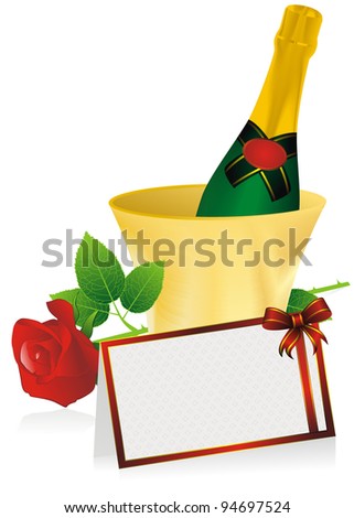 bottle of champagne in a bucket and rose, and red card bow decorated