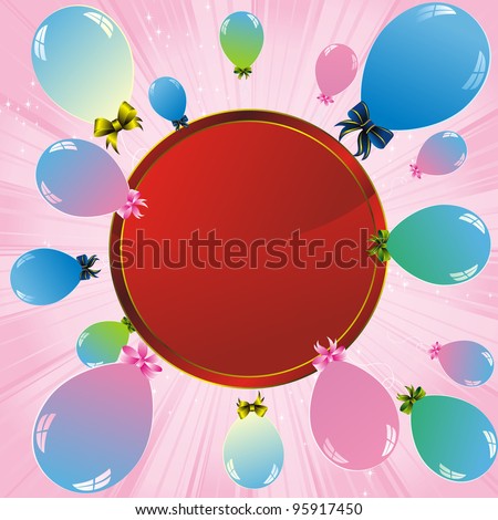 colorful balloons flying above red label on abstract pink strip background
