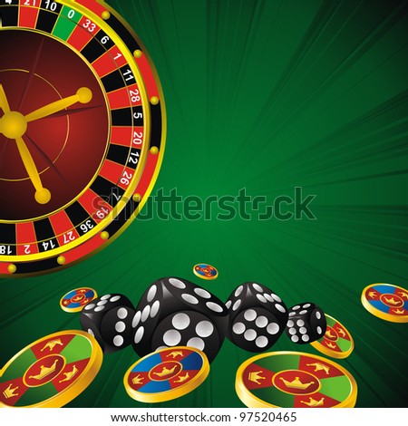 casino symbols roulette wheel, dice and chips on green strip background
