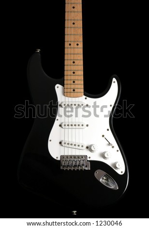 stock photo : Black and white electric guitar on a black background, 