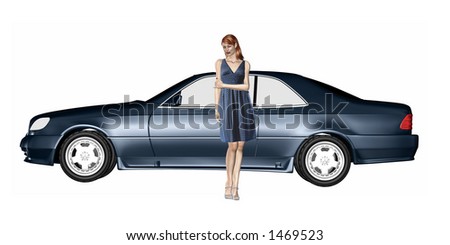 3d mixed media render and illustration of a woman and her car.