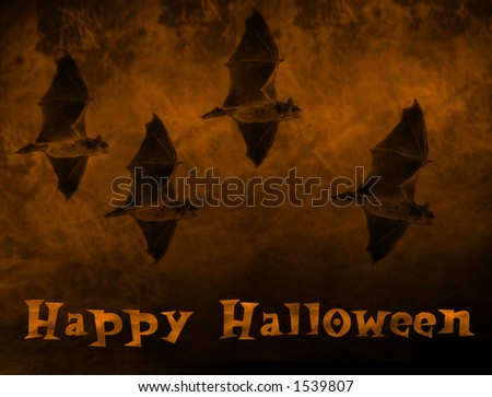halloween illustration of bats flying against an orange smoke filled background