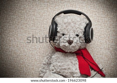 Bear music fan listens to music on headphones