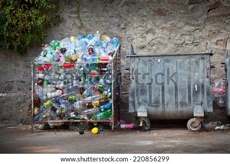 Yalta, Crimea, Russia - August 13, 2014: plastic bottles in a garbage container. trash cans, separate trash