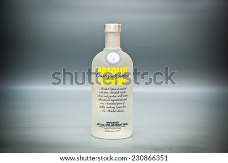 Moscow - November 16: A 700ml bottle of Absolut Citron Vodka. Absolut, produced in Sweden. Russia, Moscow, November 16, 2014
