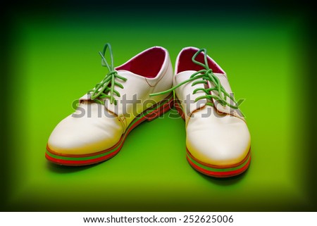 fashion leather shoes in white with green shoelaces on a green background