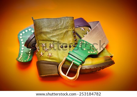 women\'s fashion cowboy outfit: green leather boots rivets, green leather belt with buckle