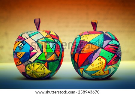 Two decorative apple, made of wood and painted by hand paints. Handmade. Modern single-piece art