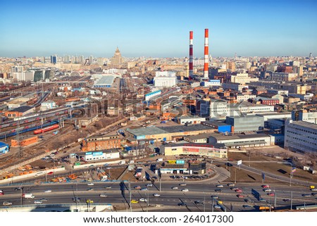 Moscow - march 14: Industrial area in the city, industrial pipes, plants. Russia, Moscow, march 14, 2015
