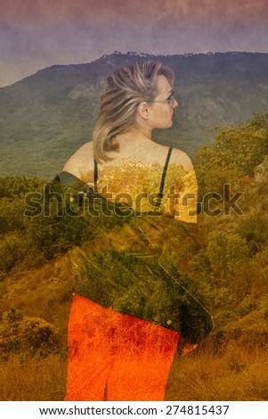 A girl stands with his back to the camera in a red skirt and a jacket on a background summer landscape. The effect of double exposure. photo collage